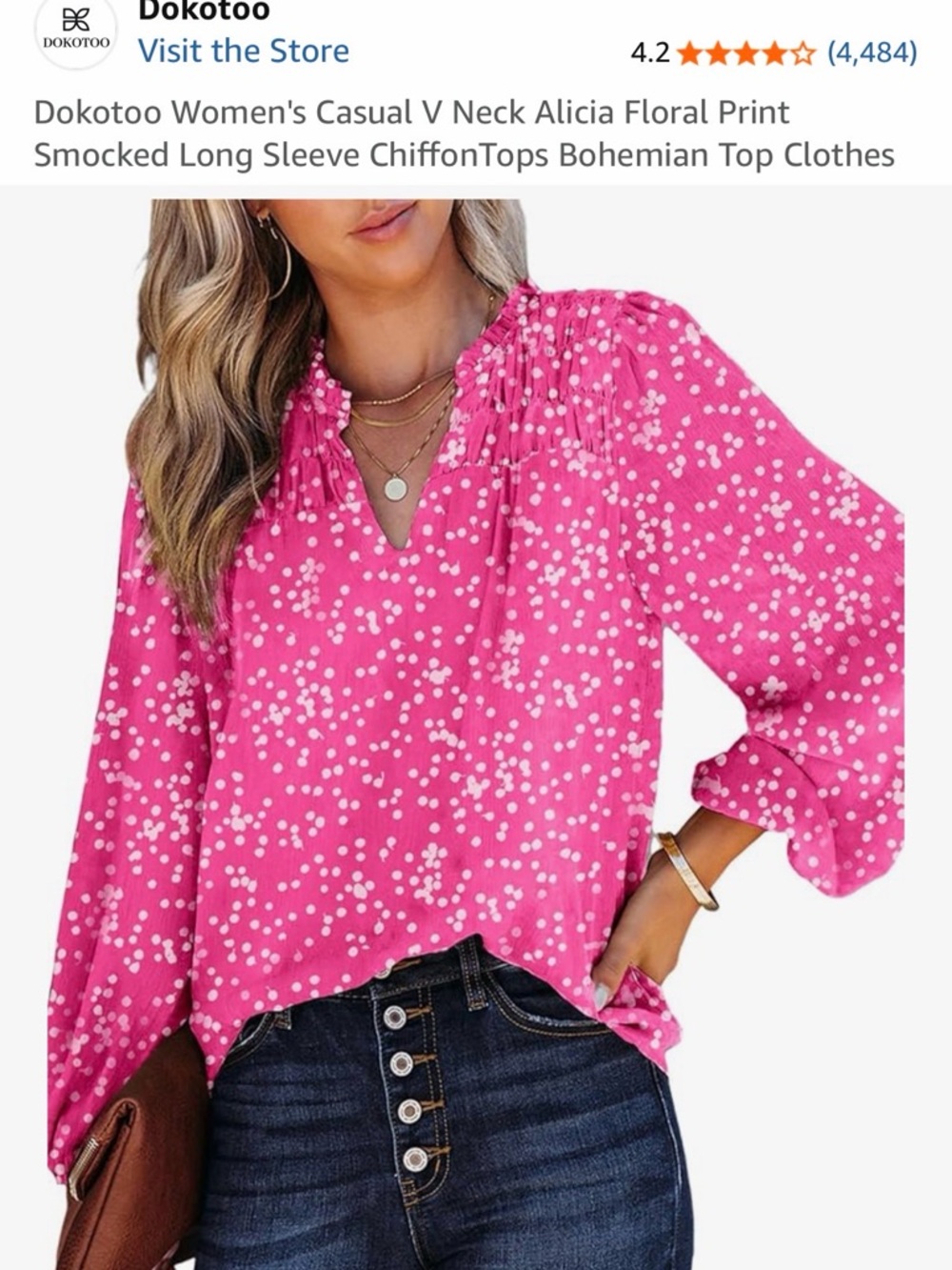 NWOT Bright Pink Smocked V-Neck Floral Dot Blouse